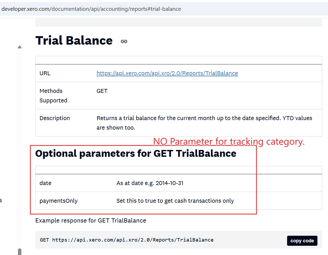 Xero API documentation screenshot showing GET TrialBalance method with no tracking category parameter and optional date settings
