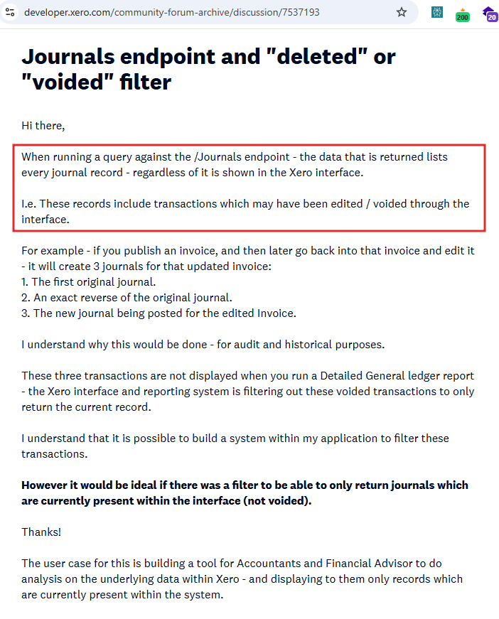 Journal endpoint and deleted or voided filter- Xero forum discussion