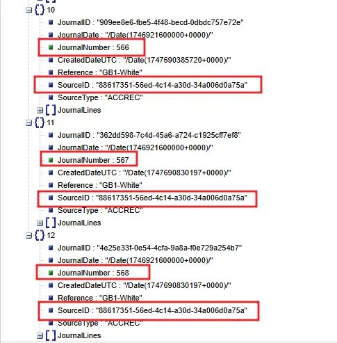 XML-style data structure showing Journal Numbers 566, 567, and 568, each linked with the same SourceID and reference 'GB1-White'.
