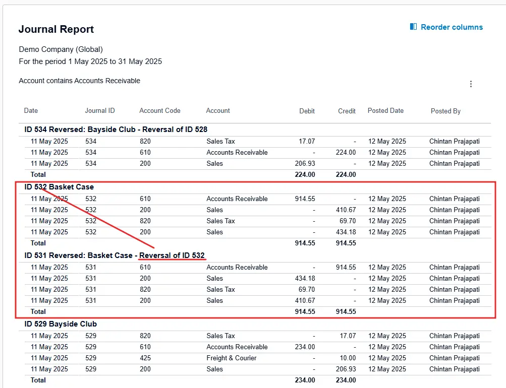 Xero Journal Report showing accounting entries for Demo Company (Global) between 1 May 2025 and 31 May 2025. All entries are posted by Chintan Prajapati.