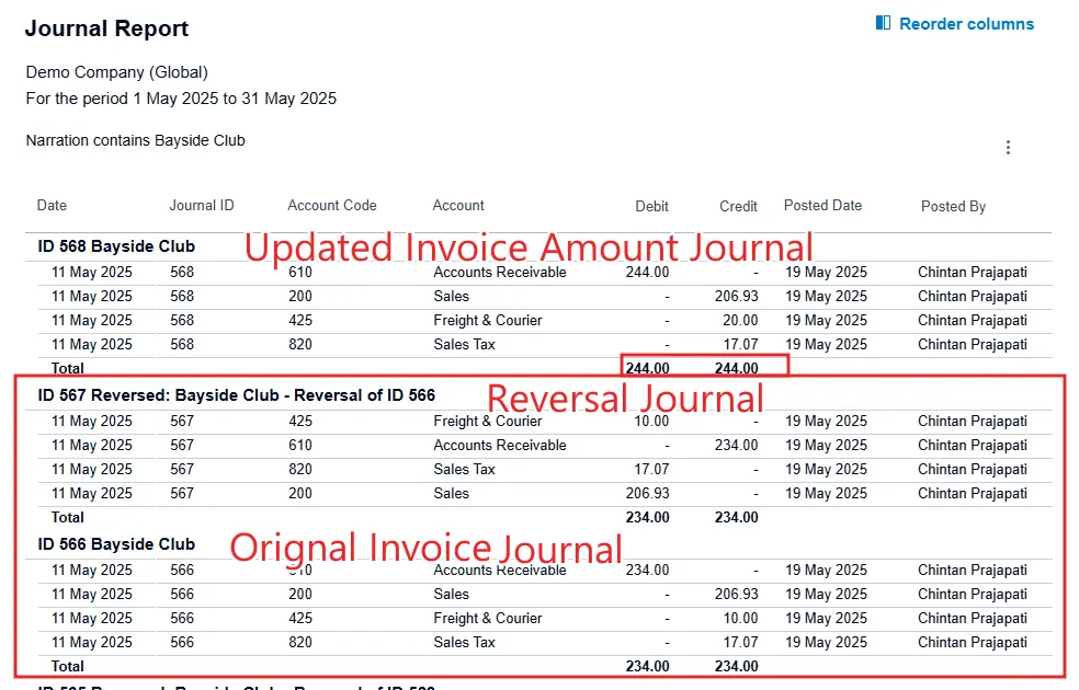 Journal Report showing original, reversal, and updated invoice entries for Bayside Club in May 2025
