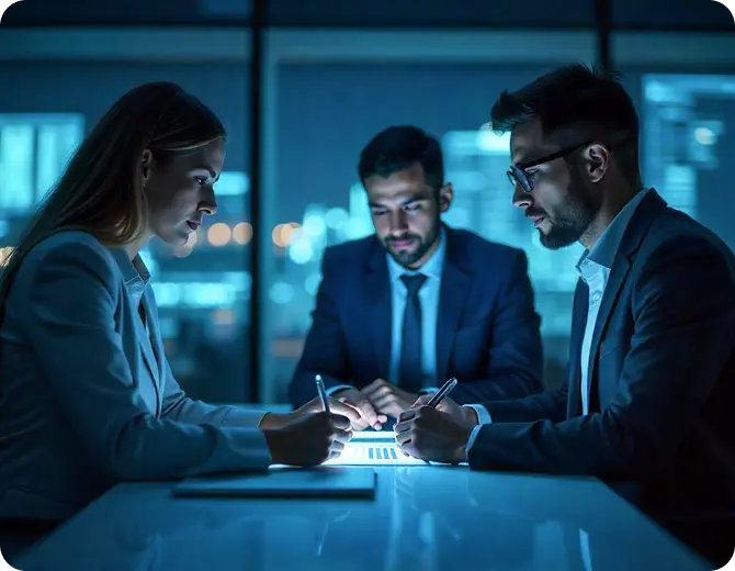 Corporate professionals in a late-night business meeting discussing strategy and reviewing data on a digital tablet at office