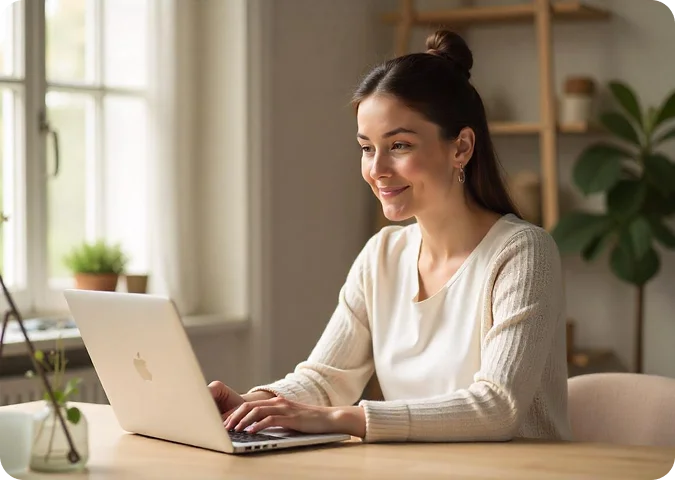 Smiling woman working remotely on a laptop in a cozy home office setup with natural lighting and indoor plants in the background