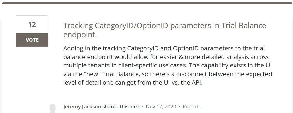 Feature request to add Tracking CategoryIDand OptionID support in Xero trial balance API for improved multi-tenant reporting