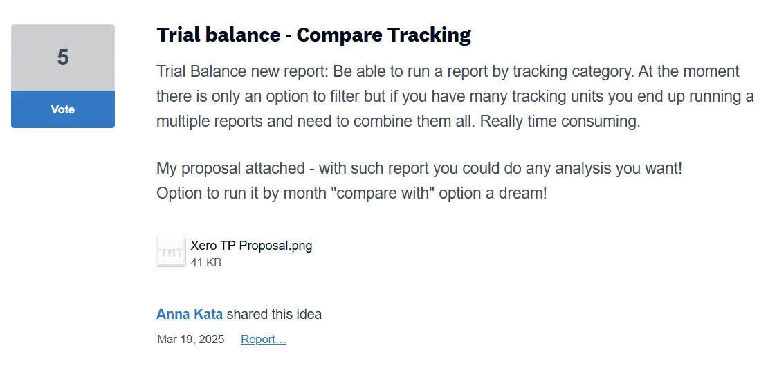 User request to enable tracking category comparison in Xero trial balance reports for better monthly analysis and efficiency
