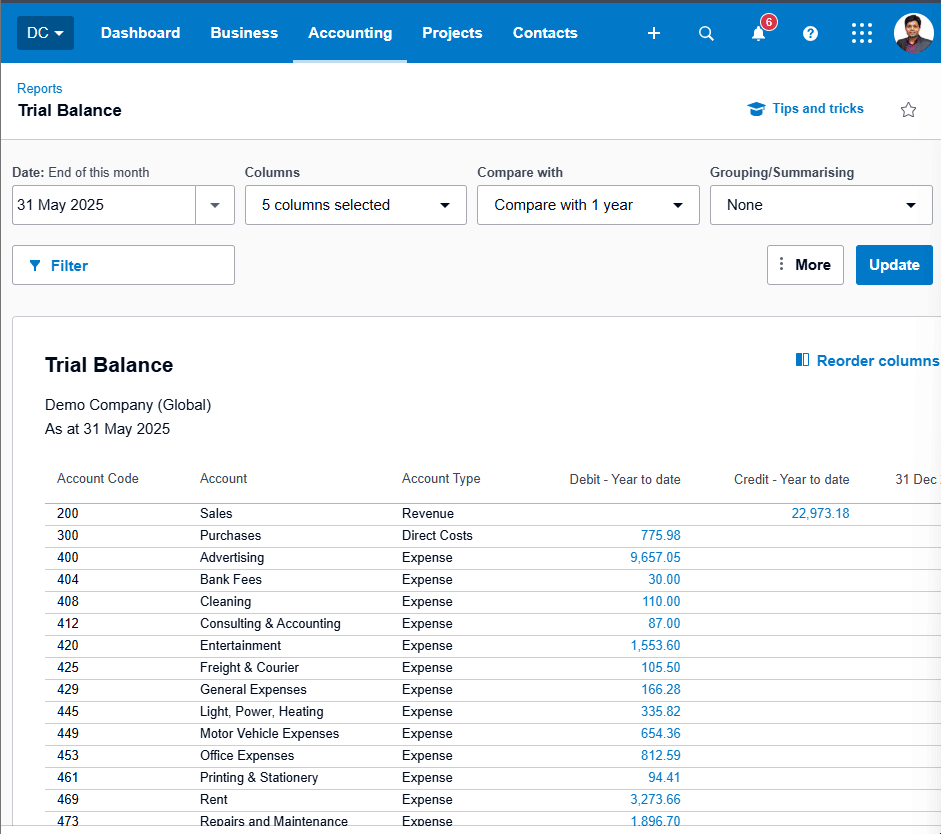 Xero trial balance report for Demo Company showing year-to-date debit and credit figures as of 31 May 2025