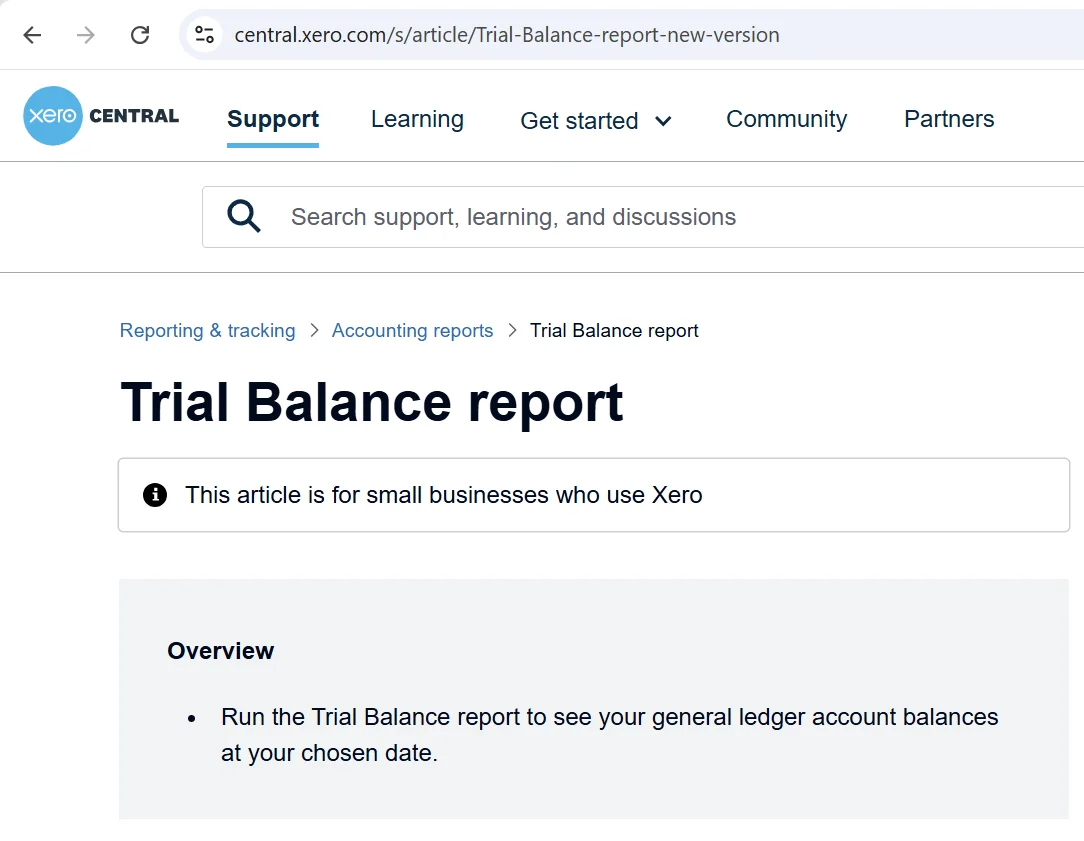 Xero Central support page for Trial Balance report explaining how small businesses can view general ledger balances by date