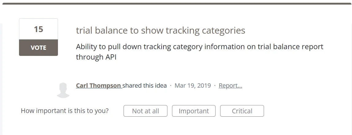 Feature request to add TrackingCategoryID and OptionID support in Xero trial balance API for improved multi-tenant reporting