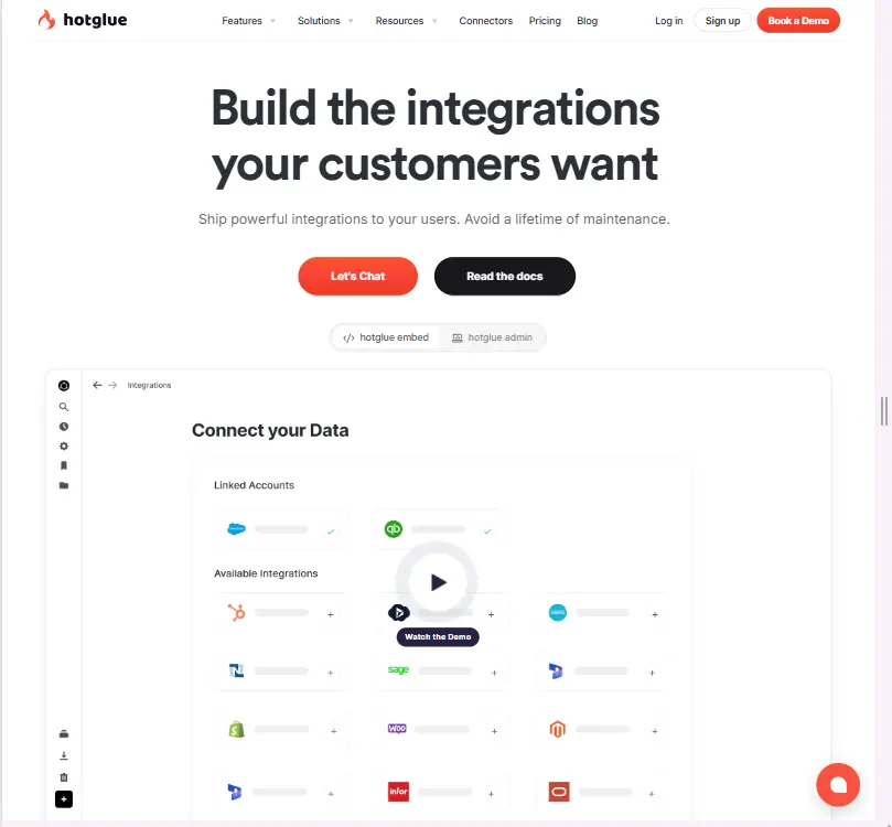 Hotglue embedded integration platform enabling SaaS companies to offer native data sync with third-party apps using unified APIs