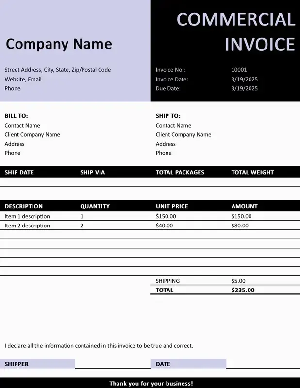 Commercial invoice sample using AI OCR for automated processing, accurate data capture, and streamlined global trade operations