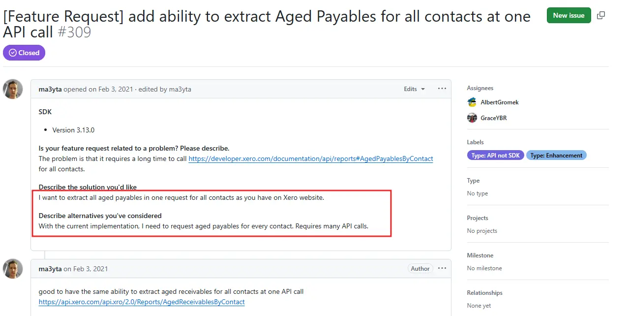 GitHub feature request for Xero API to extract aged payables for all contacts in one API call