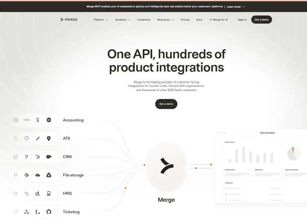 Merge.dev unified API platform enabling seamless integration across HR, CRM, and accounting software with a single connection