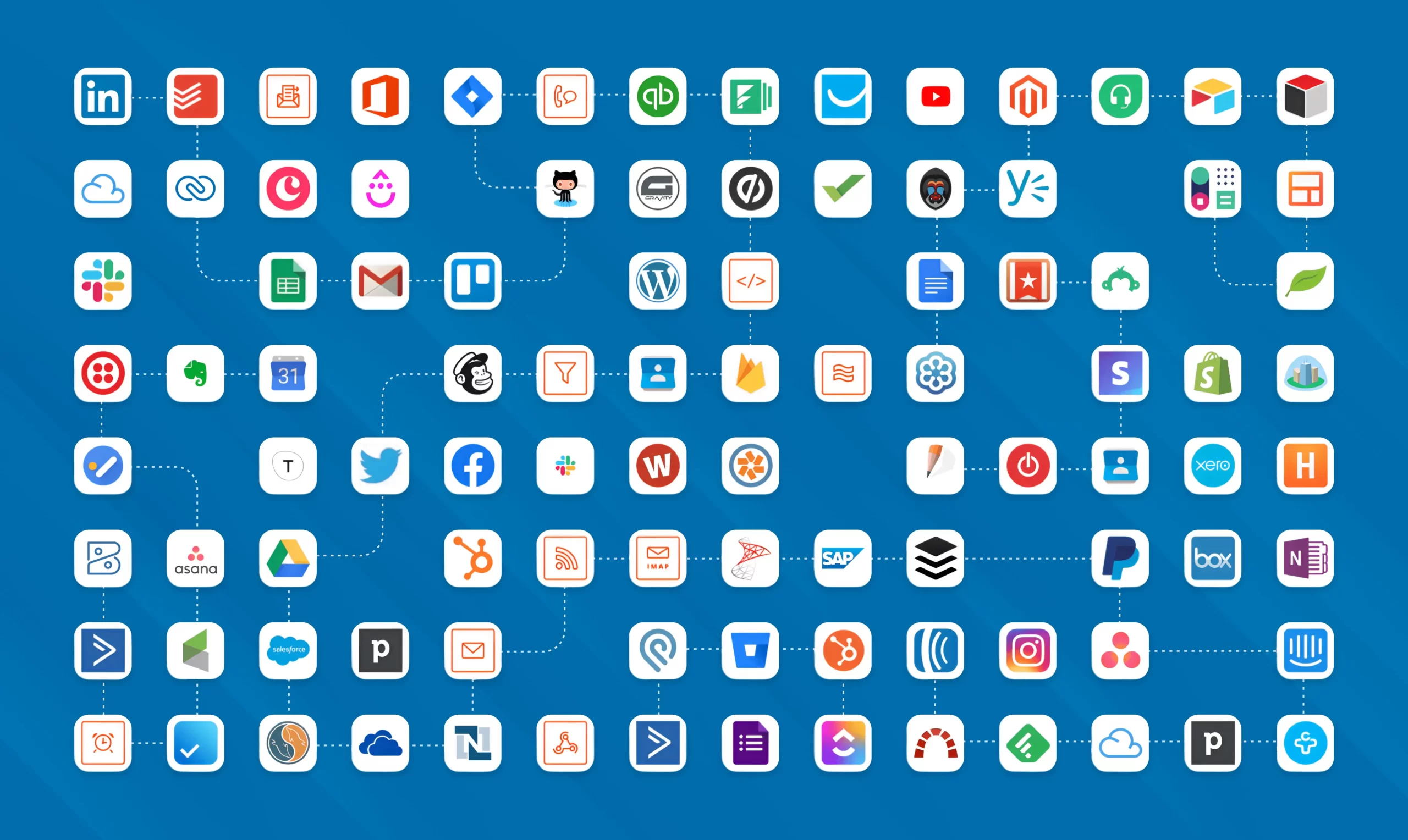 Visual network of SaaS app icons showing integration across CRM, finance, marketing, and productivity tools via unified API