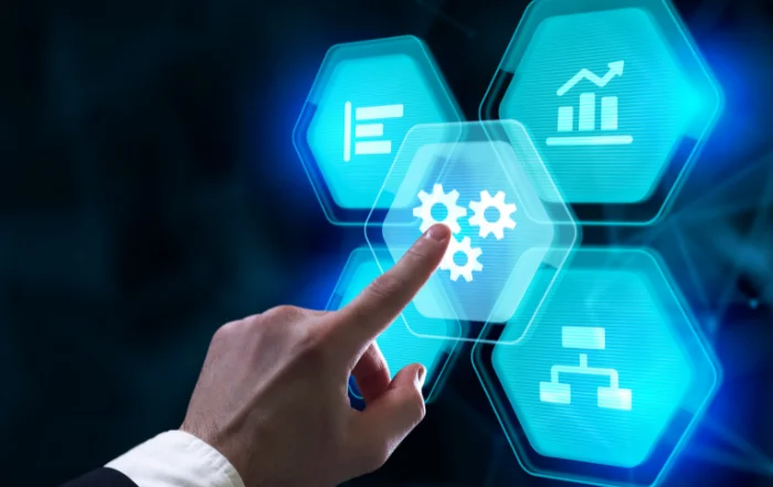 Hand interacting with digital interface icons representing Salesforce API integration, data automation, and workflow optimization