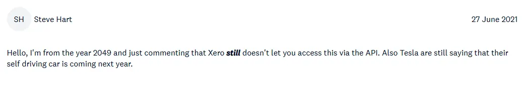 Steve Hart comment from 2049 about Xero still not providing API access for aged reports