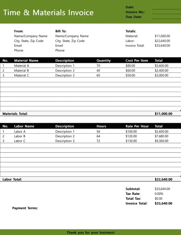 Time and materials invoice template with AI OCR for automated data extraction and accurate billing in professional services