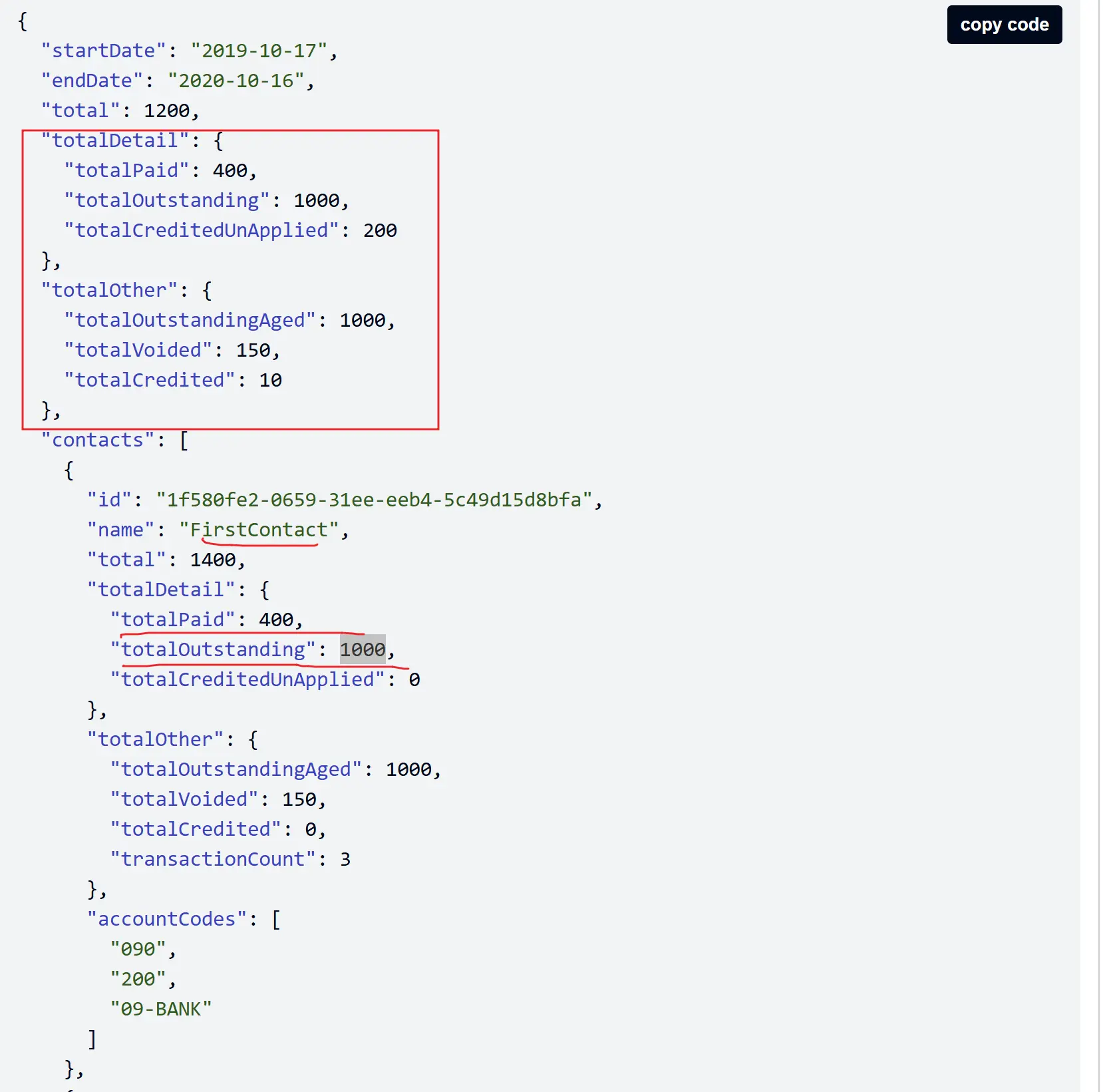 Xero API JSON response showing aged receivables data structure with totalDetail and totalOther objects