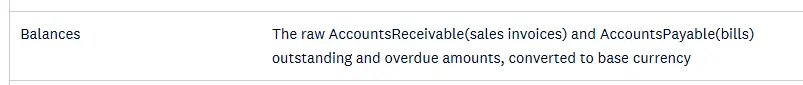 Xero API balances field description showing raw AccountsReceivable and AccountsPayable outstanding amounts