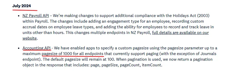 Xero Developer Changelog July 2024 showing API pagination changes with pagesize of 1000 for all endpoints