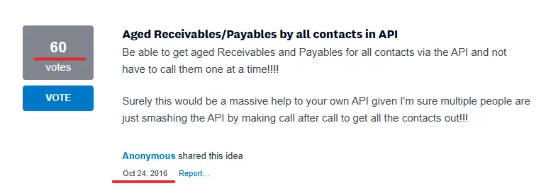Xero UserVoice feature request for aged receivables payables by all contacts API with 60 votes