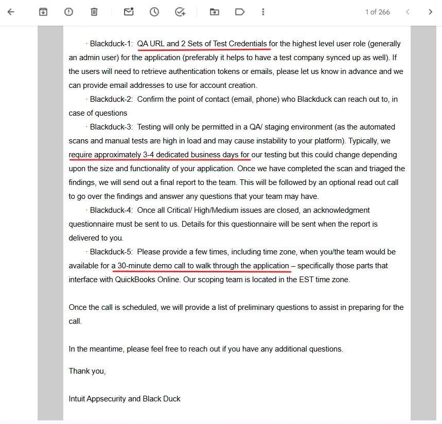BlackDuck security testing requirements checklist showing QA URL, test credentials, and 30-minute demo call requirements