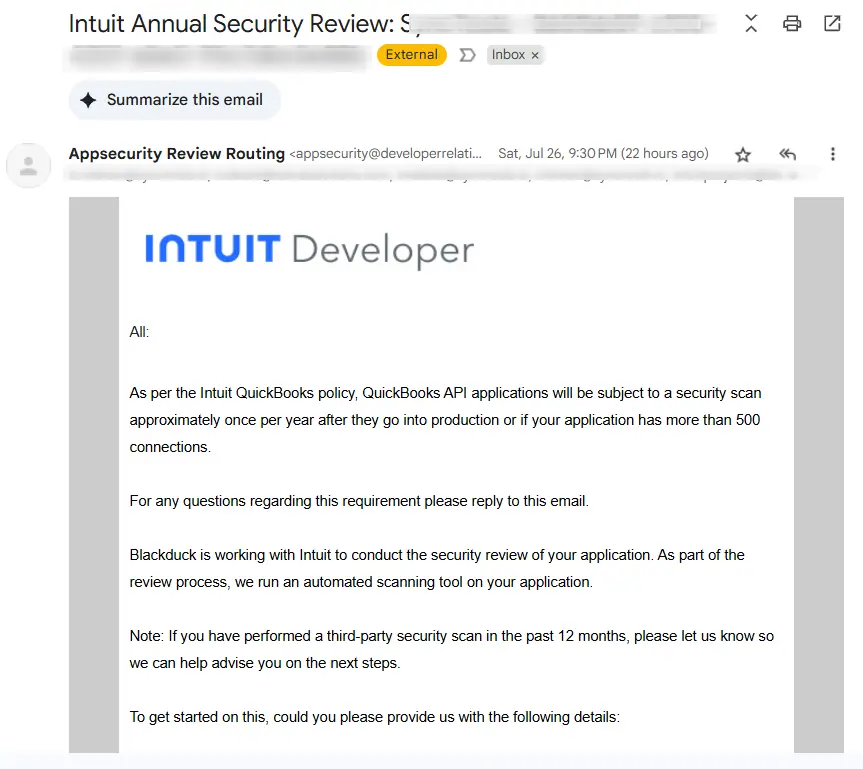 Intuit Annual Security Review email notification explaining BlackDuck partnership and security scan requirements