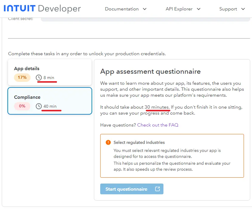 Intuit App Assessment Questionnaire interface showing 30 minutes completion time and compliance requirements