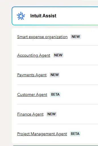 Intuit Assist AI agents list showing Smart expense organization, Accounting Agent, Payments Agent, Customer Agent, Finance Agent, and Project Management Agent