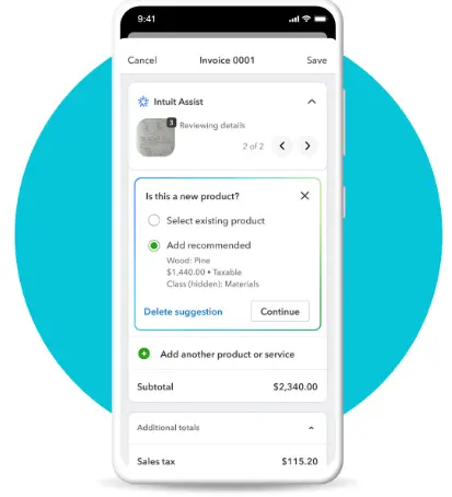 Intuit Assist mobile app showing AI-powered product suggestions and invoice creation with smart recommendations
