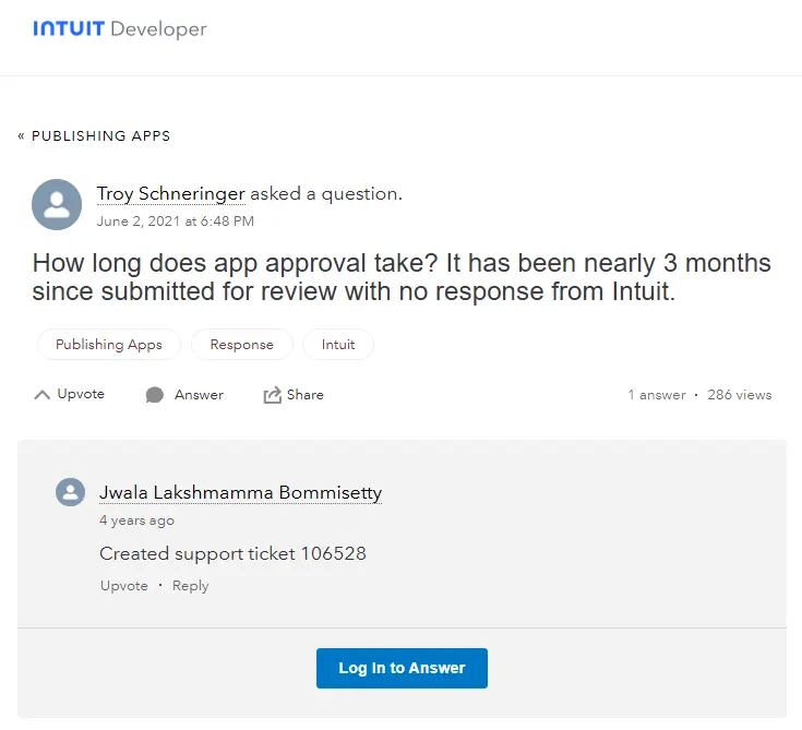 Intuit Developer forum showing 3 months app approval delay with no response from Intuit
