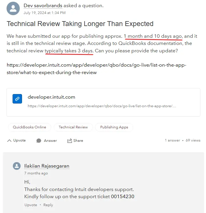 Intuit Developer forum post showing technical review taking longer than expected - 1 month 10 days vs documented 3 days