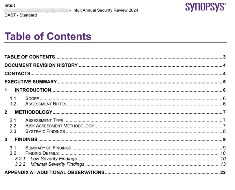 Intuit Security Review report by Synopsys showing Table of Contents for DAST Standard security assessment