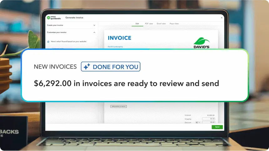 QuickBooks AI invoice automation showing $6,292 in invoices ready to review and send with Done For You feature
