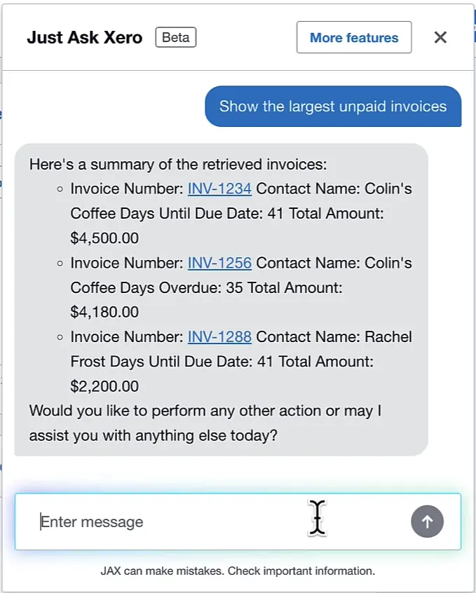 Xero JAX conversational AI interface showing query for largest unpaid invoices with detailed response and invoice summaries