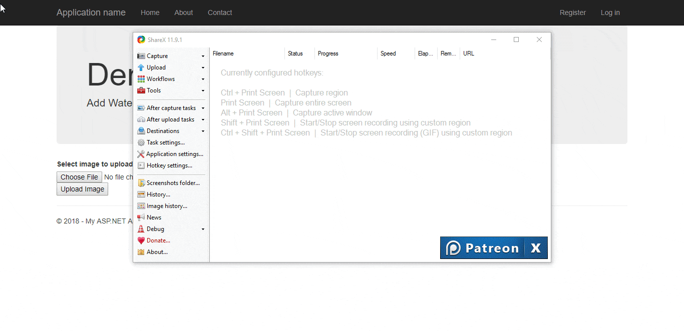 GIF showing ASP.NET image upload demo with ShareX hotkeys configuration window for screen capture and recording