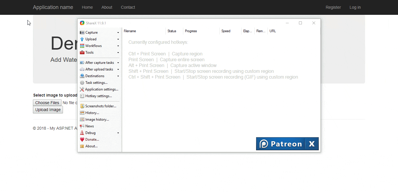 GIF showing ASP.NET image upload demo with ShareX hotkeys window for screen capture and recording options