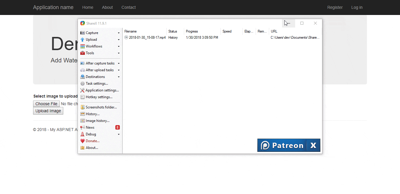 Screen recording showing ASP.NET image upload demo with ShareX window open for capture and upload tasks