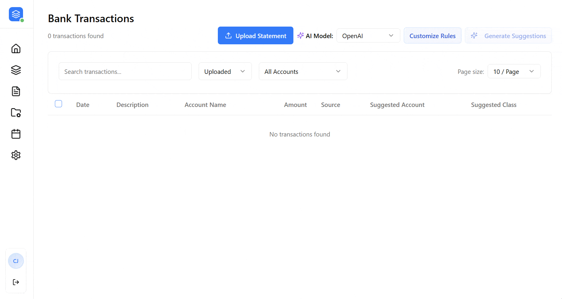 GIF of bank transactions dashboard where user uploads statement and AI generates account and class suggestions