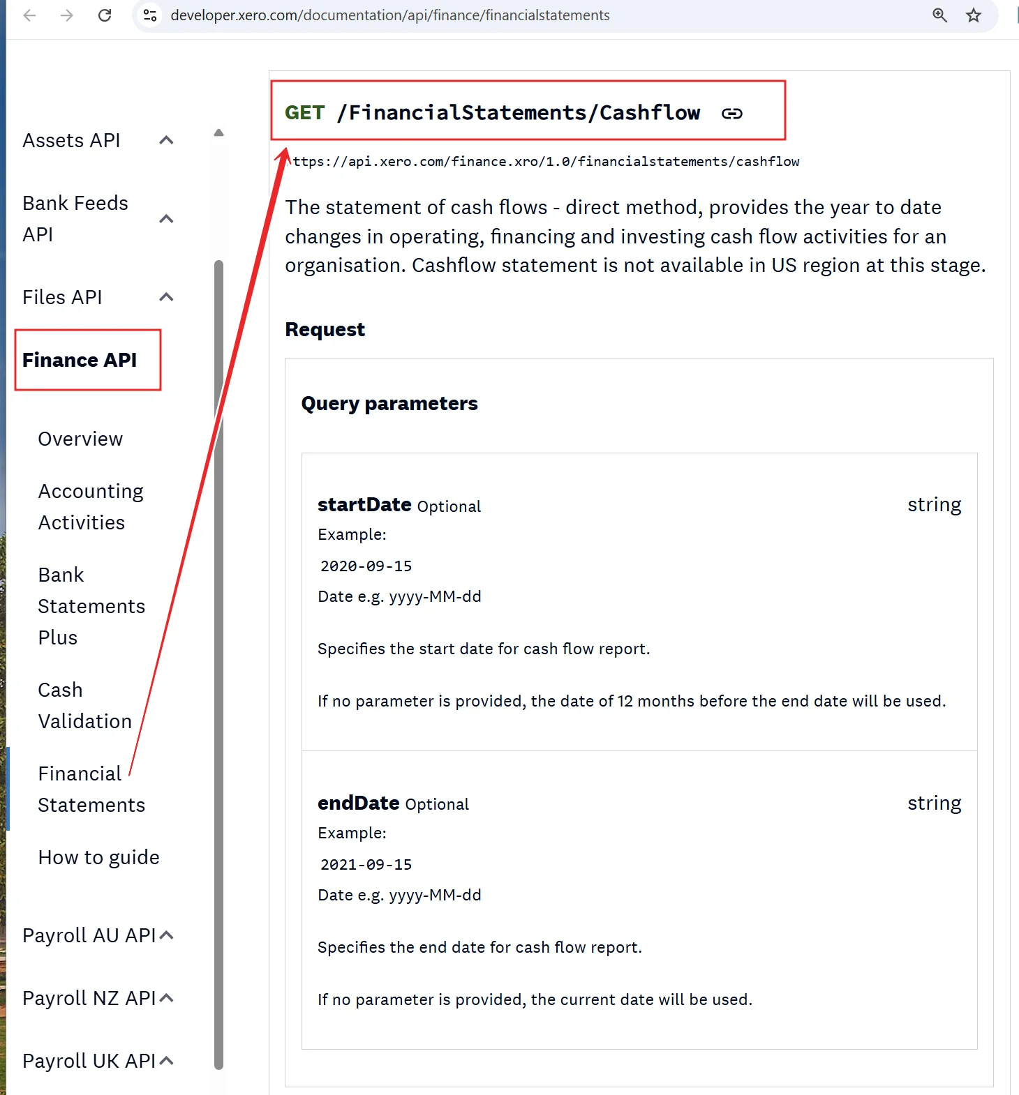 Xero Finance API documentation showing GET FinancialStatements Cashflow endpoint with query parameters for start and end date.