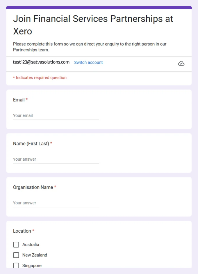 Screenshot of Xero financial services partnership form with email, name, organization, and location input fields.