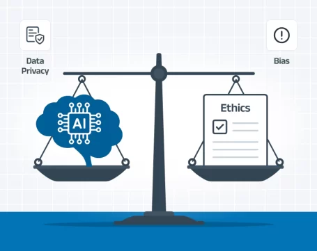 AI ethics in accounting illustration showing balance between data privacy, bias prevention, and ethical decision-making