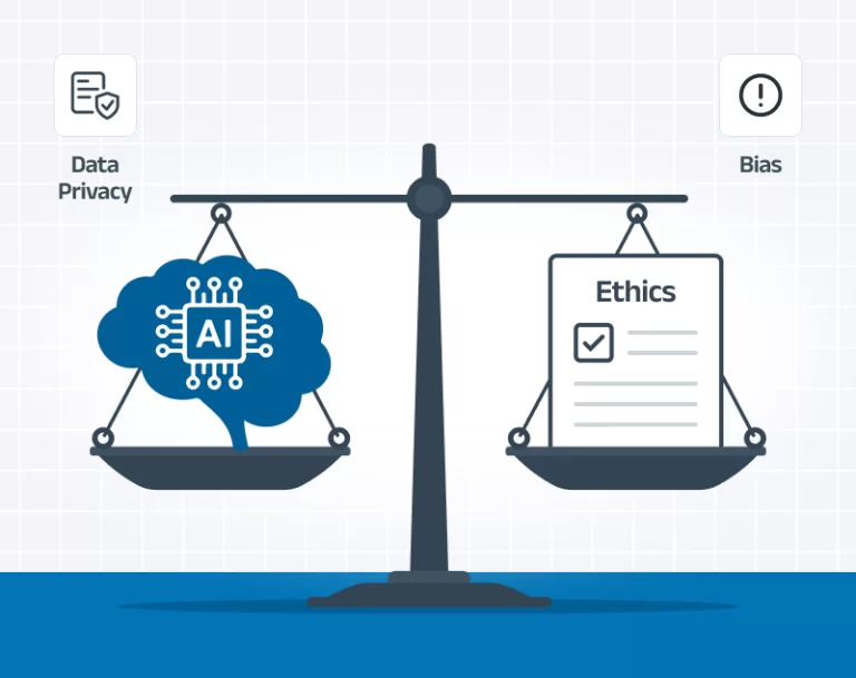 AI ethics in accounting illustration showing balance between data privacy, bias prevention, and ethical decision-making
