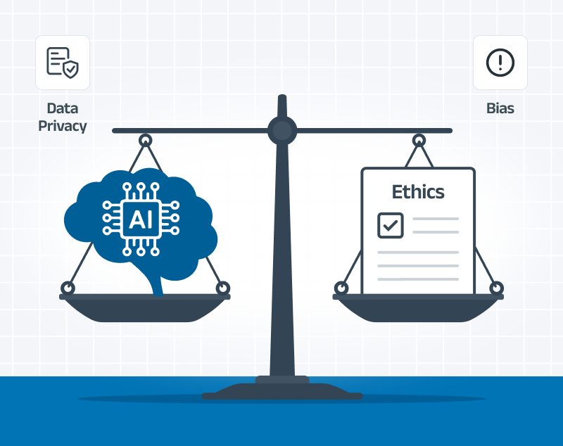 AI ethics in accounting illustration showing balance between data privacy, bias prevention, and ethical decision-making