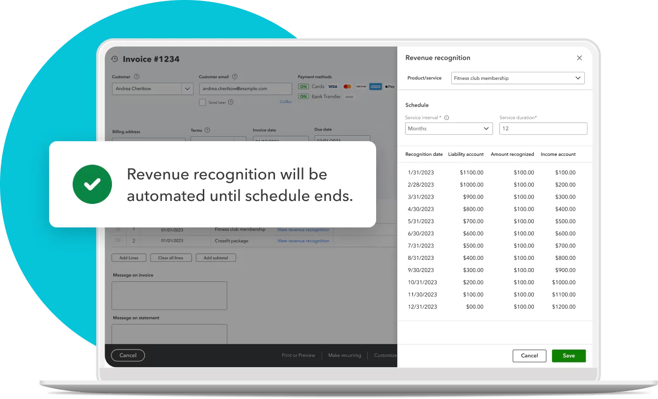 Automated revenue recognition schedule in accounting software showing monthly recognized income and liability balance.