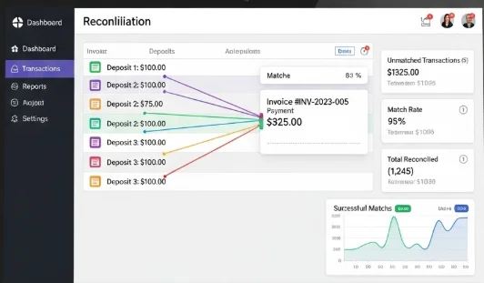 Bank reconciliation dashboard showing deposits, invoices, match rate, unmatched transactions, and successful matches analytics