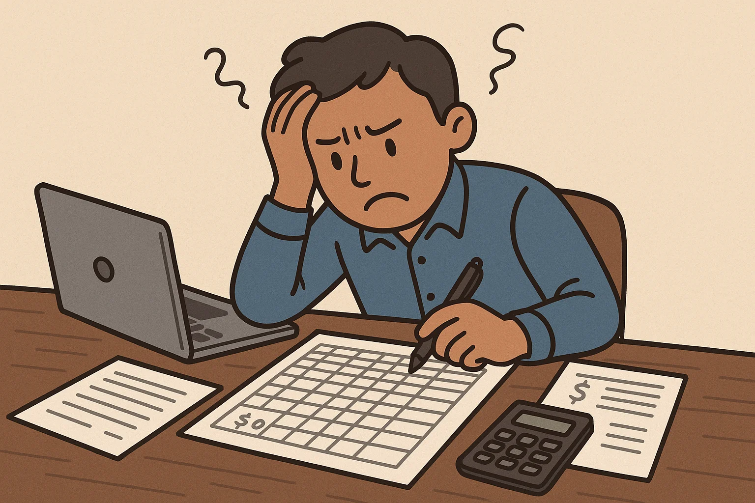 Frustrated accountant struggling with manual bookkeeping, calculations, and spreadsheets at desk with laptop and calculator