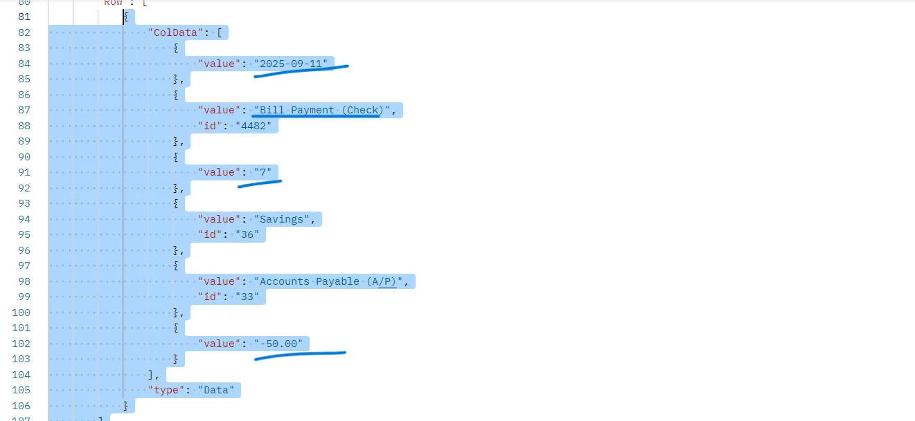 QuickBooks API JSON response showing bill payment check from savings account to accounts payable with $50 entry