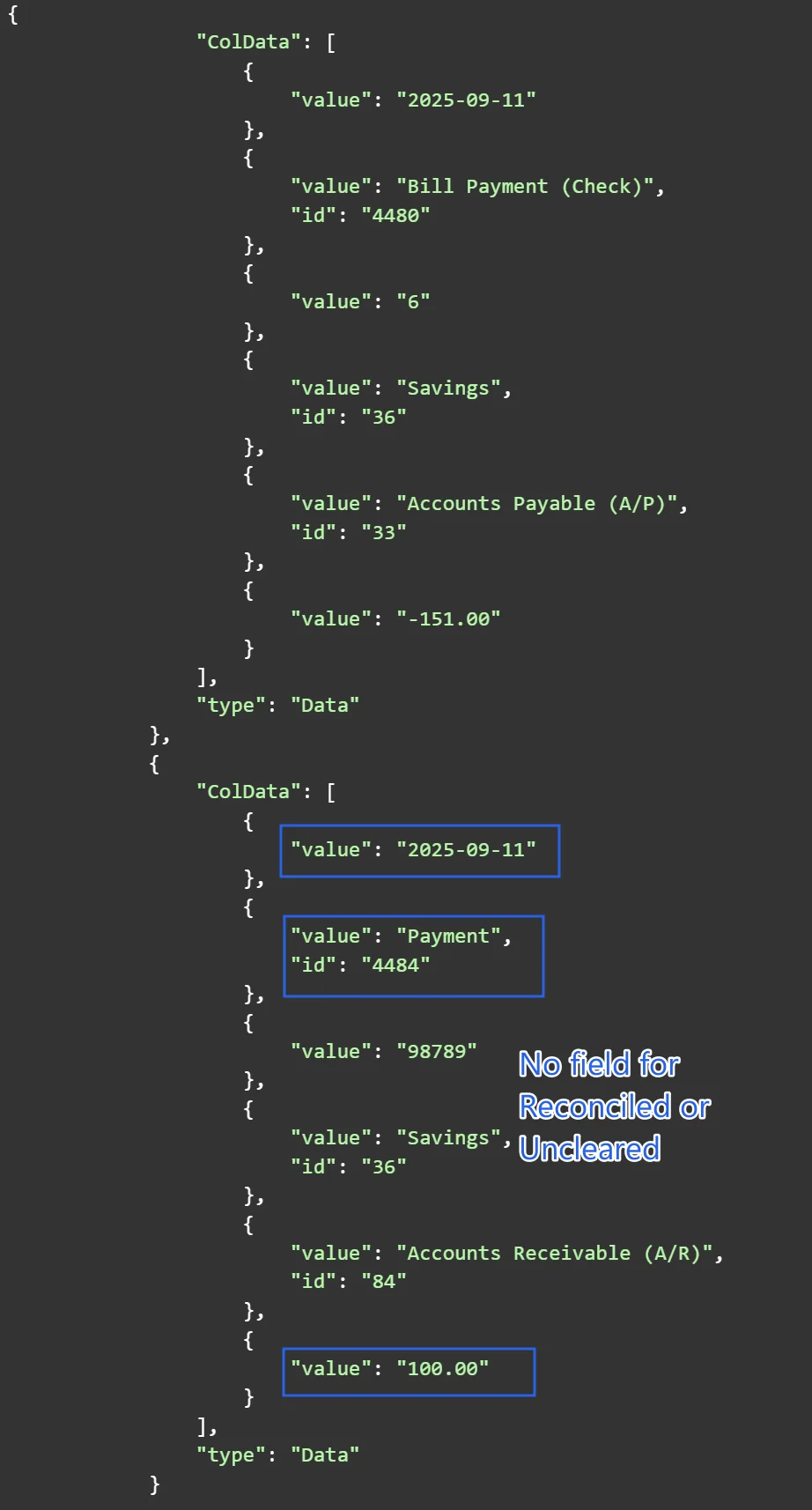 QuickBooks API JSON response showing bill payment and payment transaction details without reconciled or uncleared status field