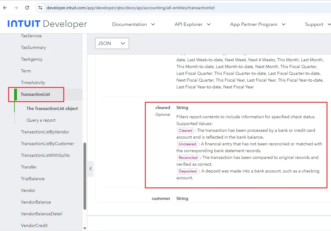 Intuit QuickBooks API documentation showing TransactionList object with cleared, uncleared, reconciled, deposited status