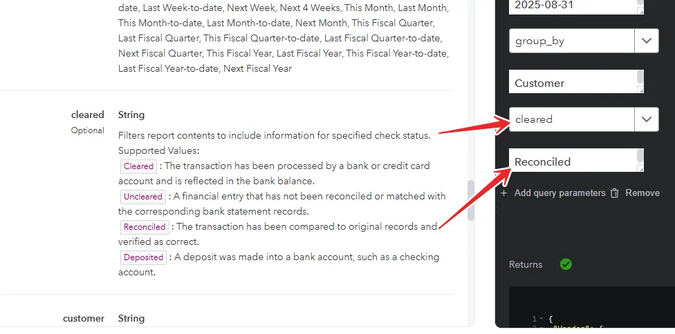 QuickBooks API TransactionList filter example using cleared and reconciled status for transaction reporting